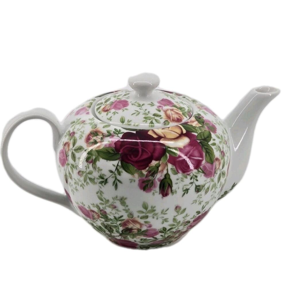 Country Rose Chintz Royal Albert Lidded Floral White Pink Teapot Discontinued